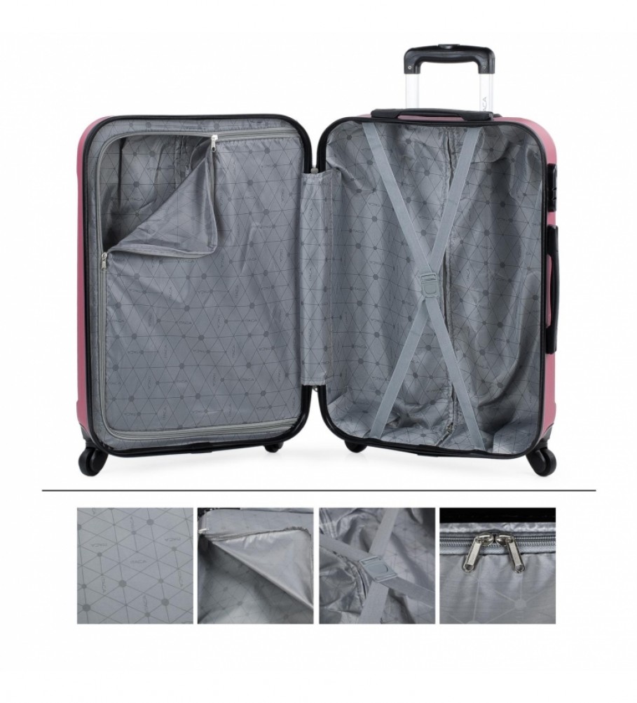 Mala de viagem rígida média ITACA com 4 rodas, cor morango, modelo 771160 (63 x 42 x 24 cm).