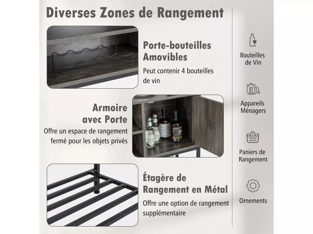 Buffet cuisine, meuble avec cassier à vin & étagères, armoire avec cadre métallique(gris)