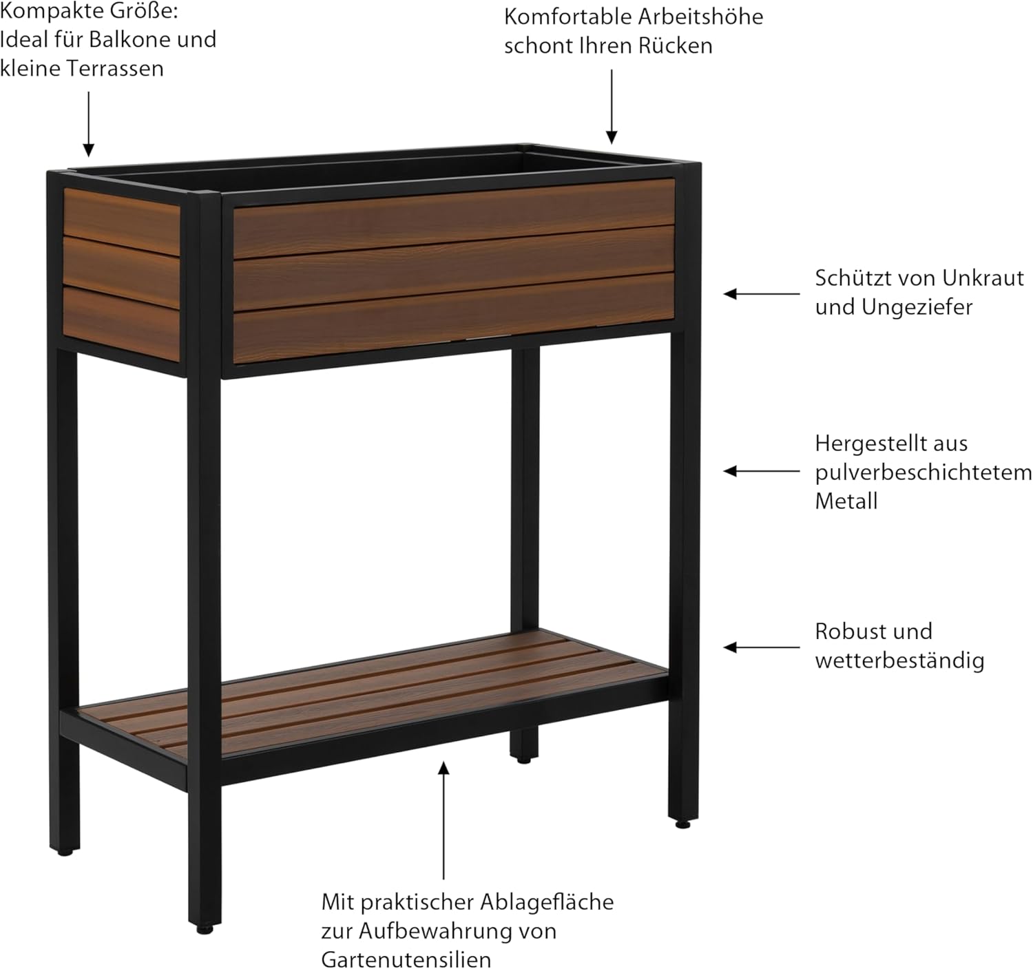 Dehner Hochbeet Houston, schmales Balkonhochbeet, 87 x 76 x 38 cm, Volumen 40 l, Kunststoff/Aluminium, braun