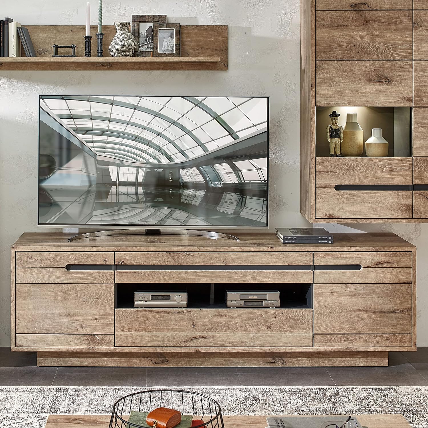 Stella Trading BELLANO TV-Lowboard in Viking Eiche Optik, Graphit - Moderner TV Schrank mit Schubladen und viel Stauraum für Ihr Wohnzimmer - 205 x 63 x 44 cm (B/H/T)