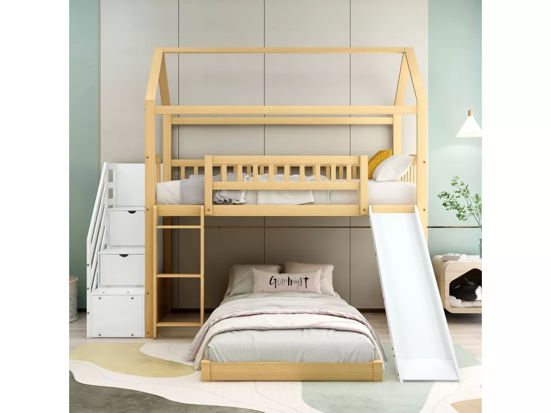 Lit superposé 2x90x200cm en bois massif - avec escalier de rangement et toboggan - sommiers à lattes - Naturel