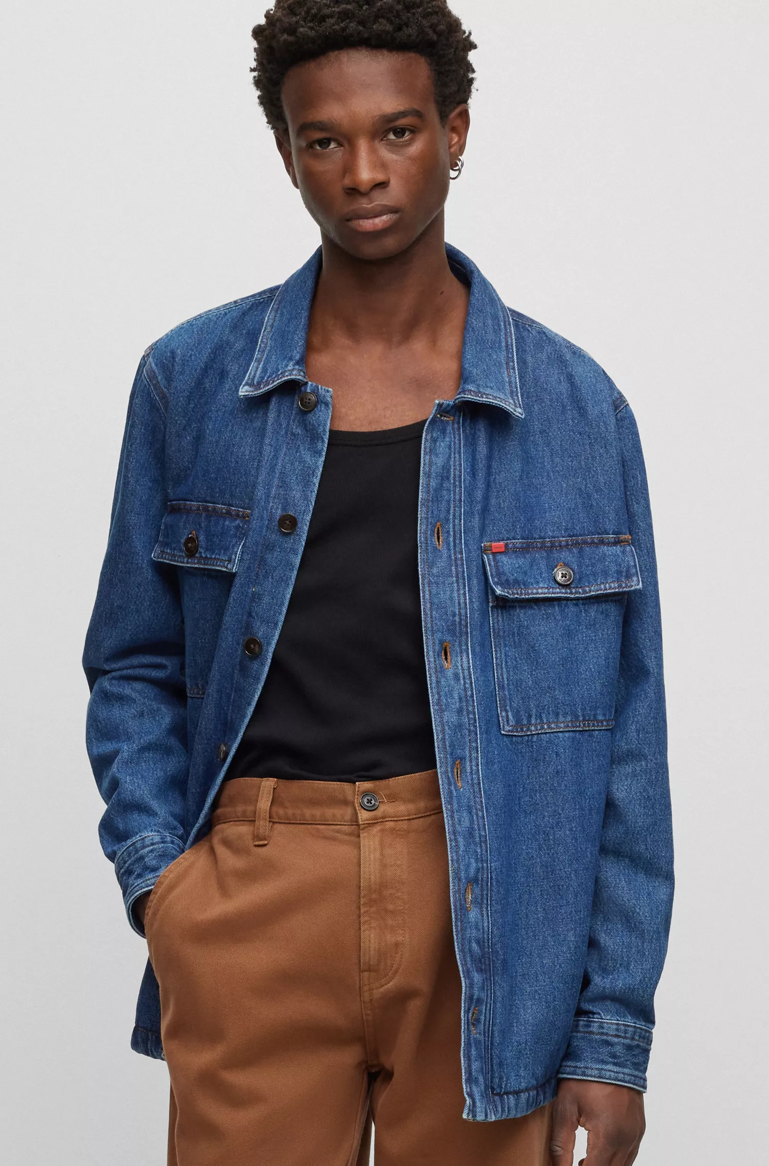 Sobretudo HUGO vermelho de modelagem oversized em denim de algodão com detalhe do logo