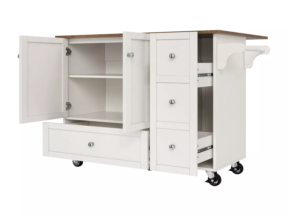 Ilot central de cuisine - chariot à roulette avec plateau extensible - 3 tiroirs et 2 portes - Blanc