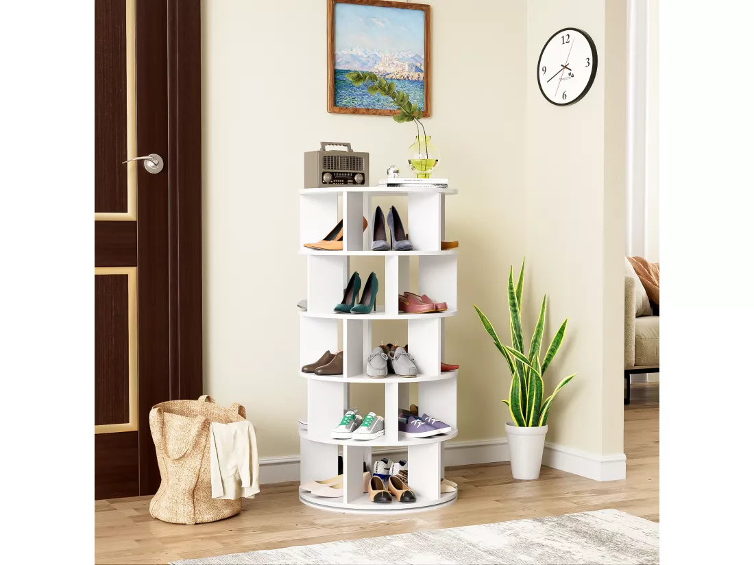 Meuble à chaussures d'angle rotatif avec 5 étagères - D 60 x H 115 cm - Panneau de particules - Blanc