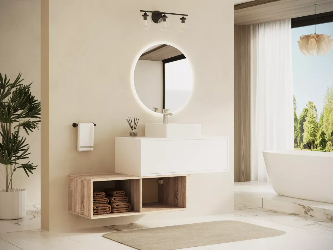 Meuble de salle de bain suspendu avec vasque carrée - 1 tiroir blanc et 2 niches naturel clair - 94 cm - TEANA II