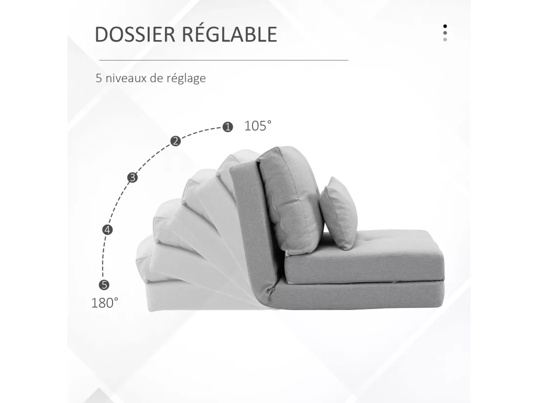 Chauffeuse dossier inclinable - fauteuil convertible - 2 coussins inclus - tissu lin gris clair