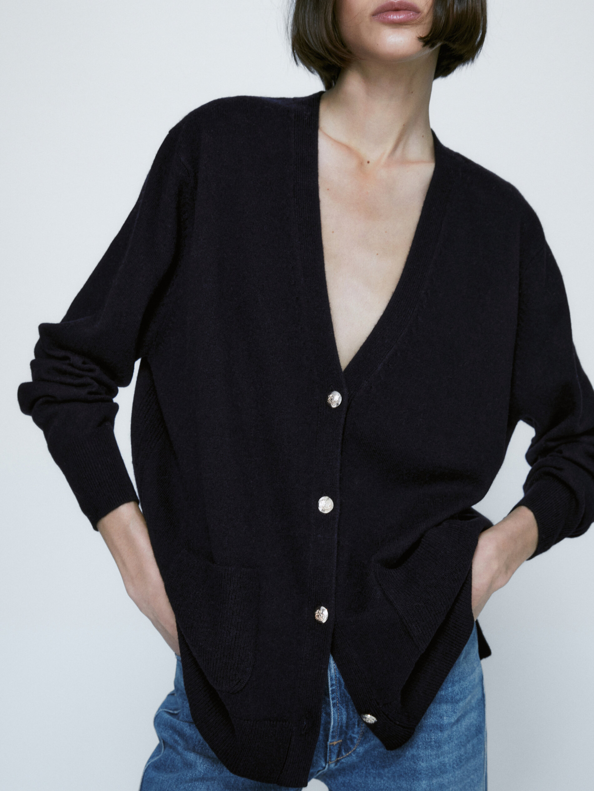 Cardigã com botões em mistura de lã e cashmere - AZUL MARINHO
