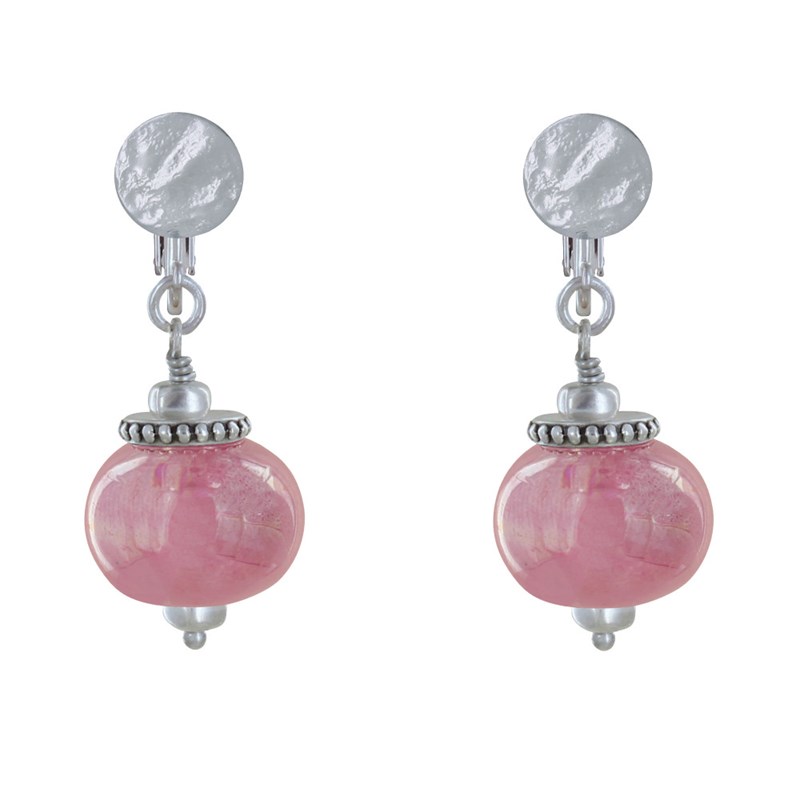 Boucles d'Oreilles Clip Métal Argenté et Grosses Perles en Céramique