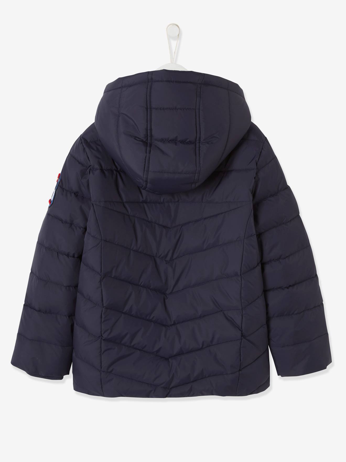 Jaqueta de esqui acolchoada com capuz e forro de sherpa, para meninos, azul-marinho lisa com estampas.