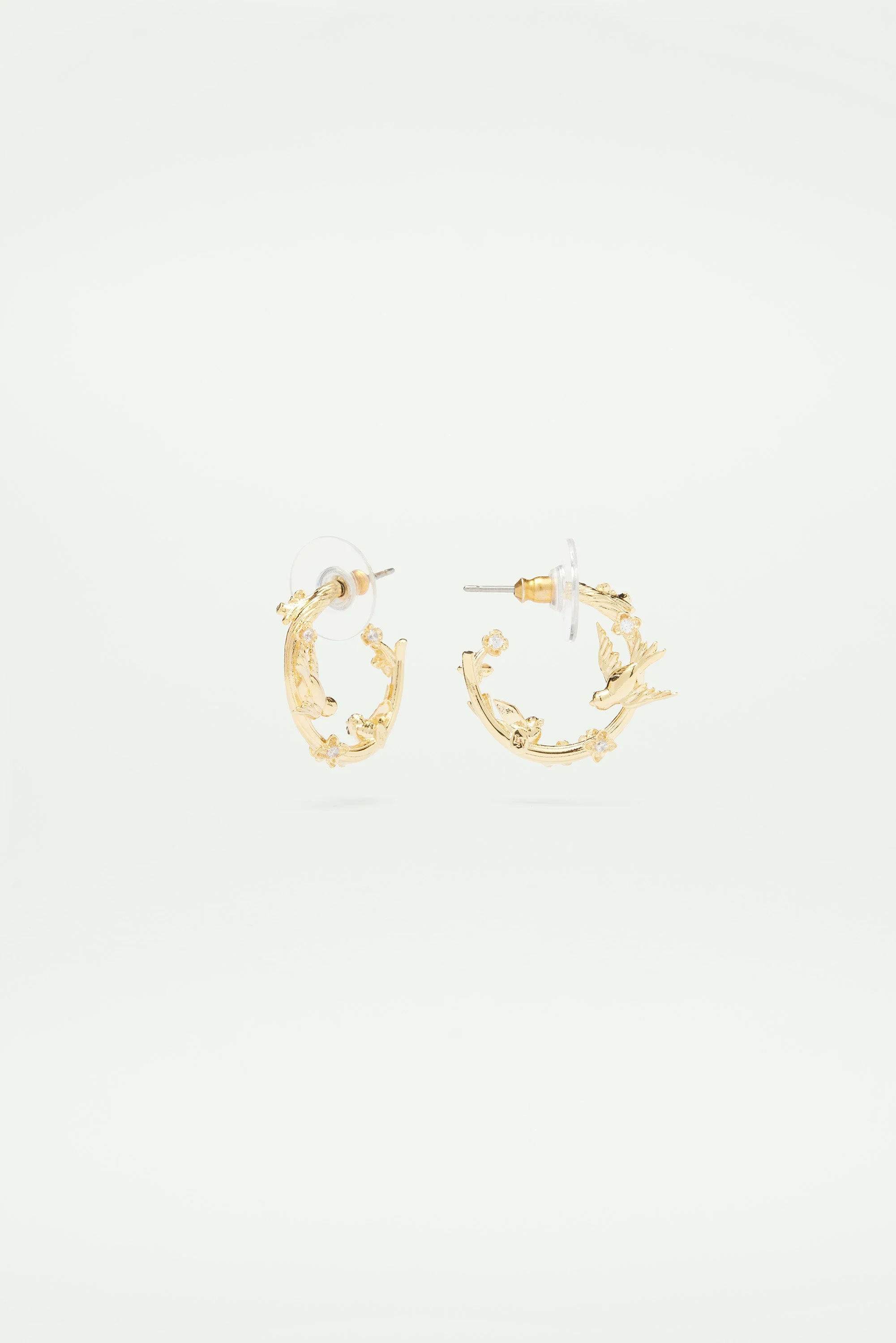 Boucles d'oreilles tiges créoles dorées oiseaux, fleurs et cristaux | Jaune