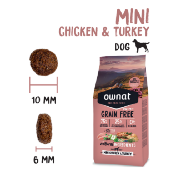 Croquettes Ownat Prime Mini sans céréales dinde et poulet pour petit chien
