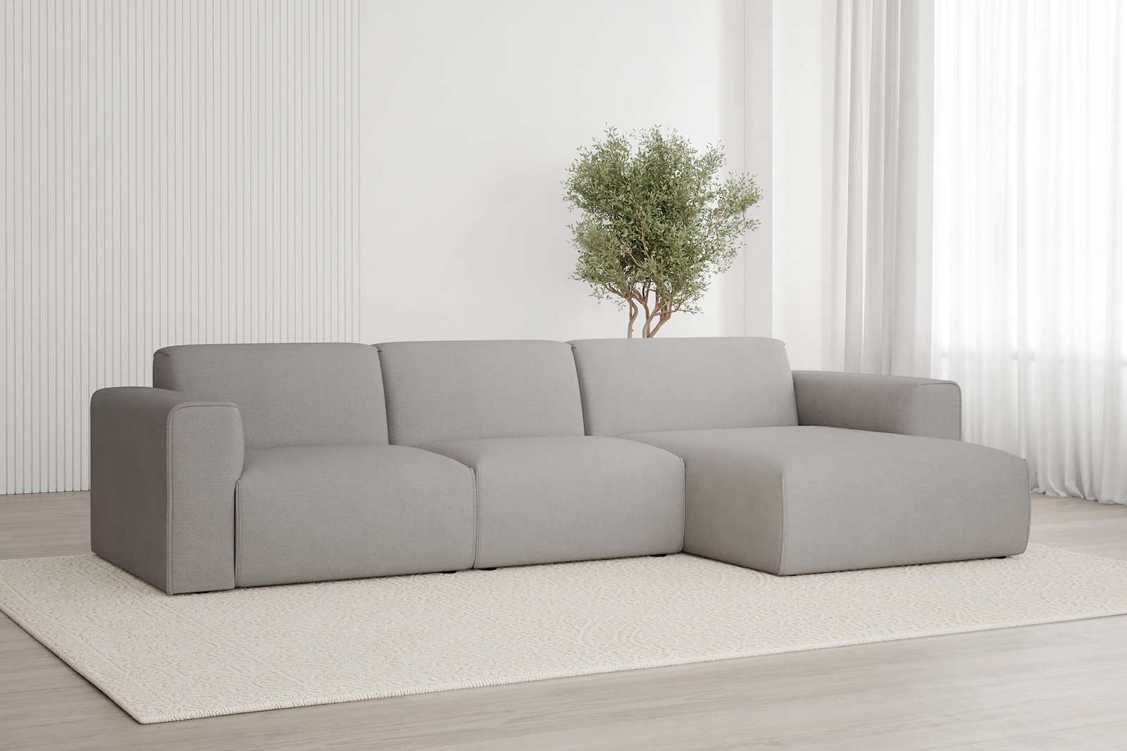 Monaco 2,5-seter med XL sjeselong høyre Tekstil Brego 7 Light Grey med sorte ben. Std komfort.