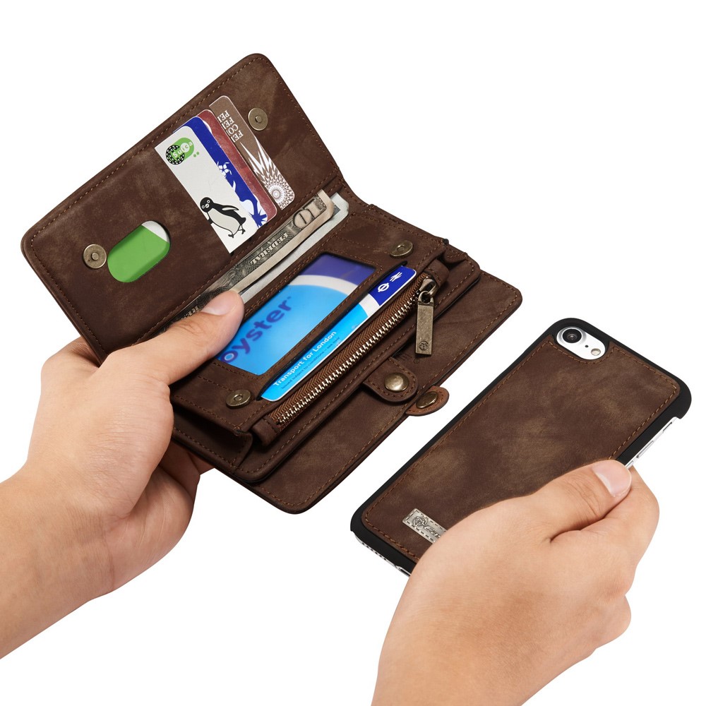 iPhone SE (2022/2020) / 8 / 7 3in1 Leder Tasche   Magnet Hardcase und Karten Etui - Dunkelbraun