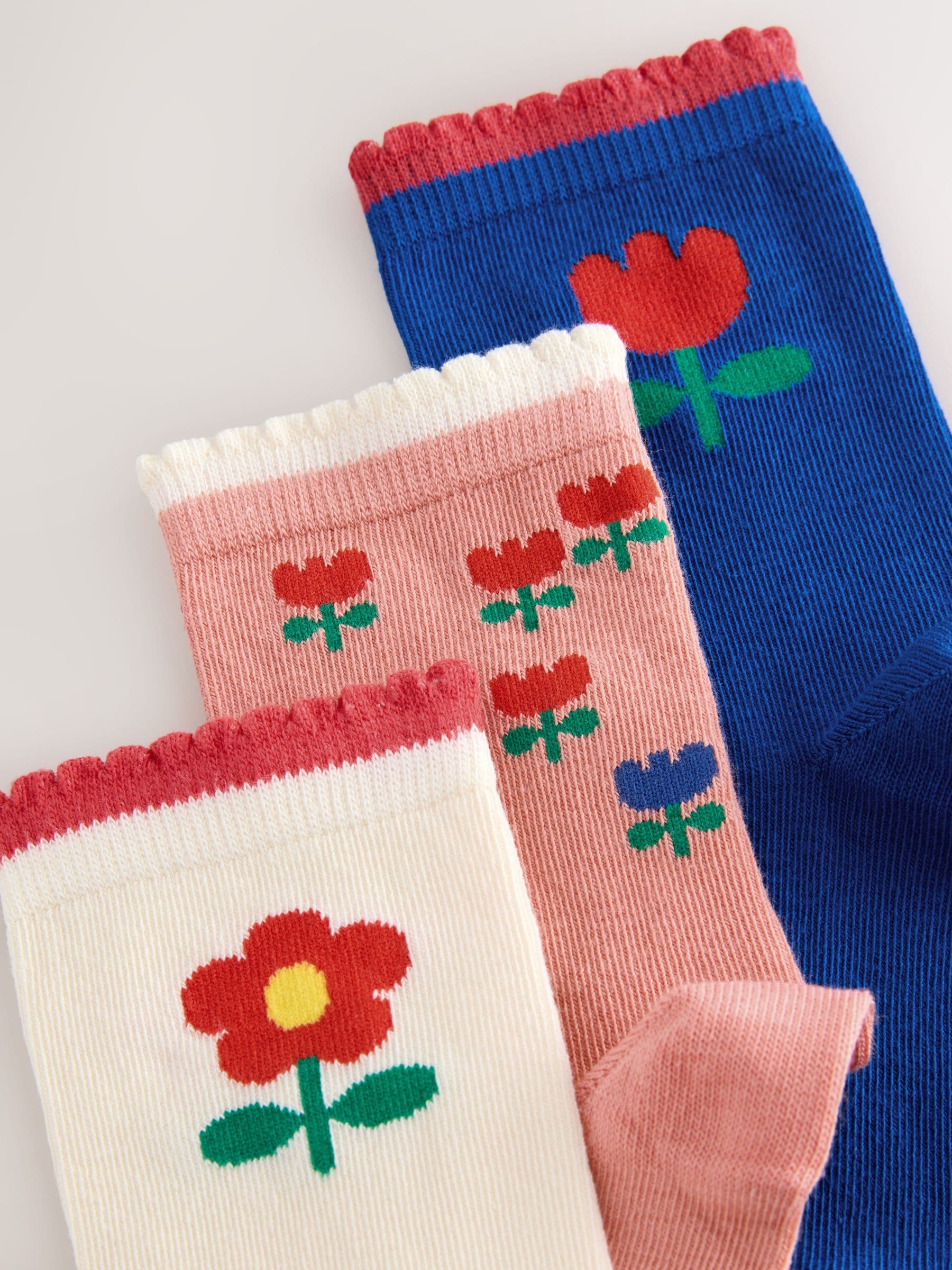 Blauw en ecru - Cotton Rich Flower Print Ankle Socks 3 Pack