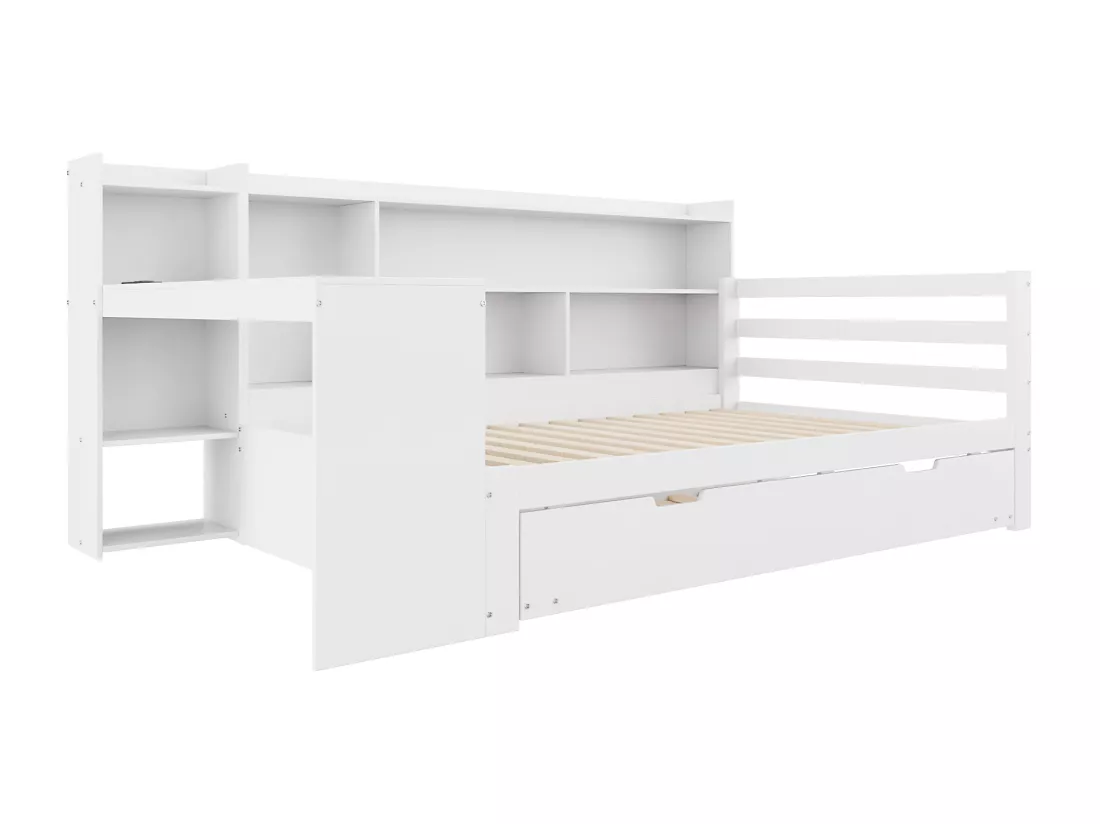 Canapé convertible en bois massif 90x200 cm - avec bureau + bibliothèque - compartiments de rangement + étagères - avec prises - avec lit gigogne - blanc