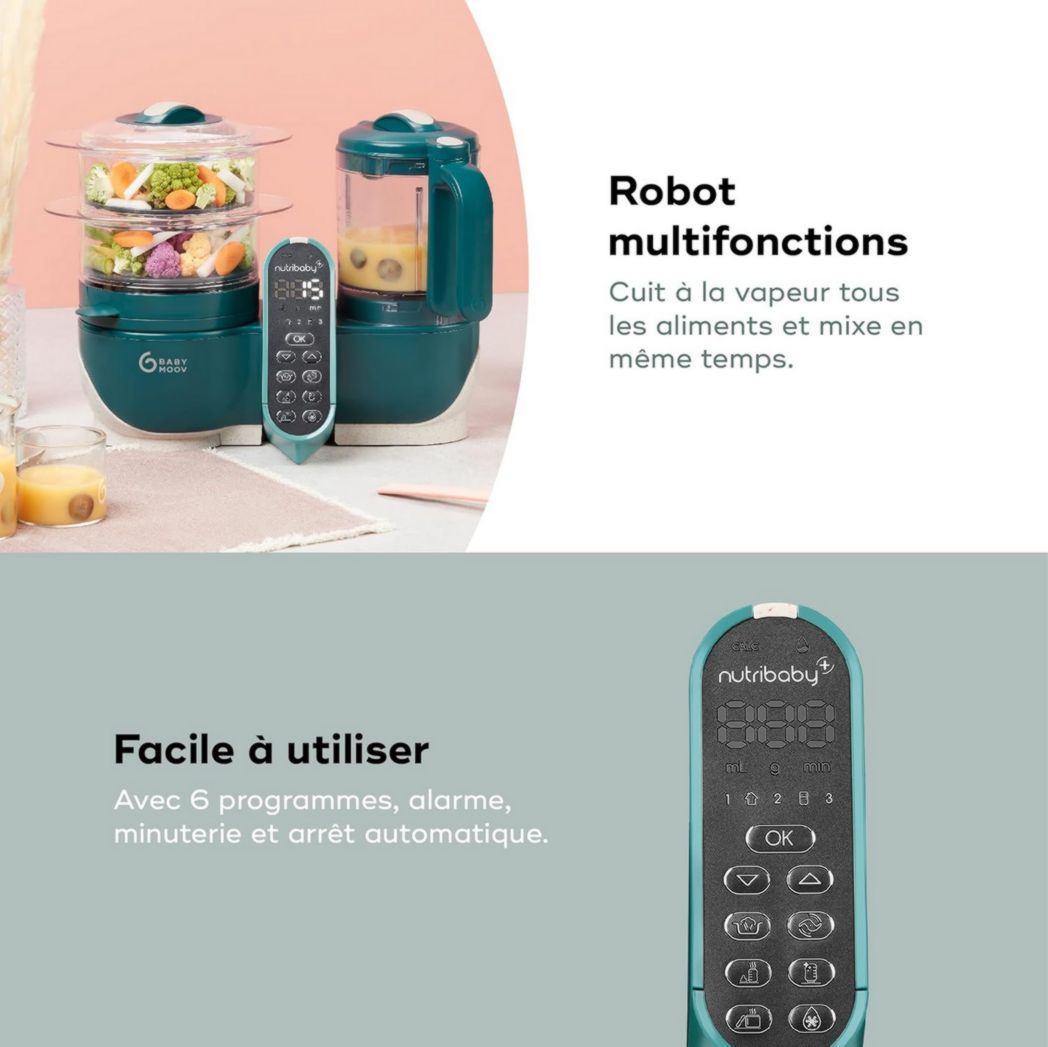 Babymoov Nutribaby(+), Robot cuiseur multifonction 6 en 1 pour bébé, cuiseur vapeur, grande capacité 2,2 L, petits pots maison, idéal pour diversifier les repas, vert opale