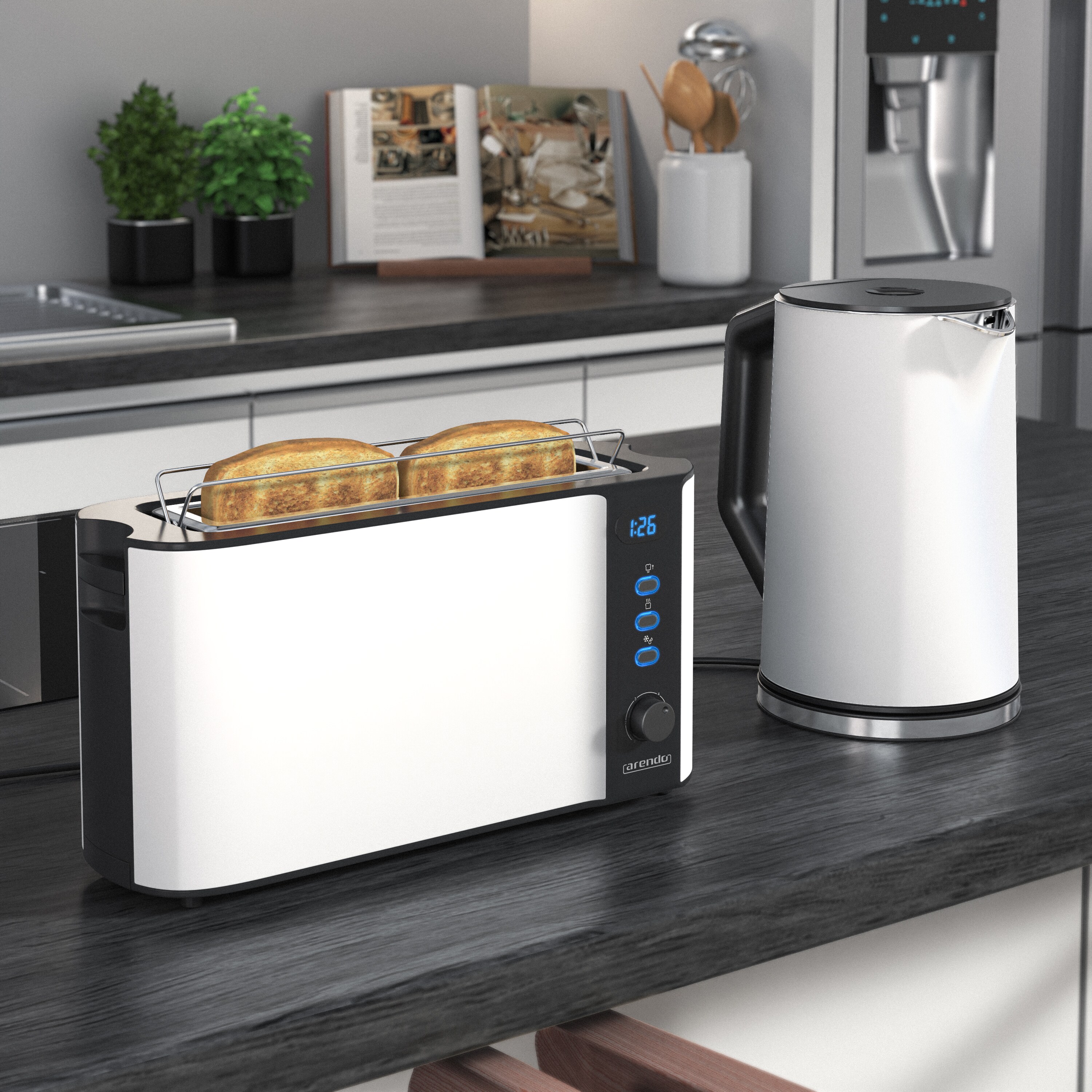Arendo Frühstücks-Set, 2-Scheiben Langschlitz-Toaster/Wasserkocher 1,5L, Weiß