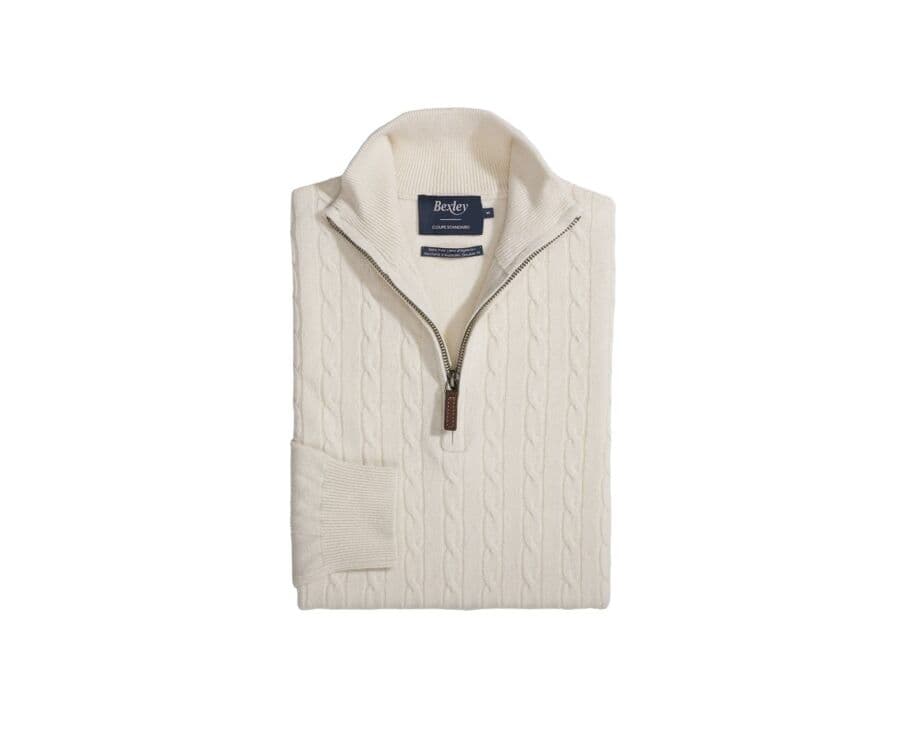 Pull laine homme à torsades col zippé Ecru - KEITHOR