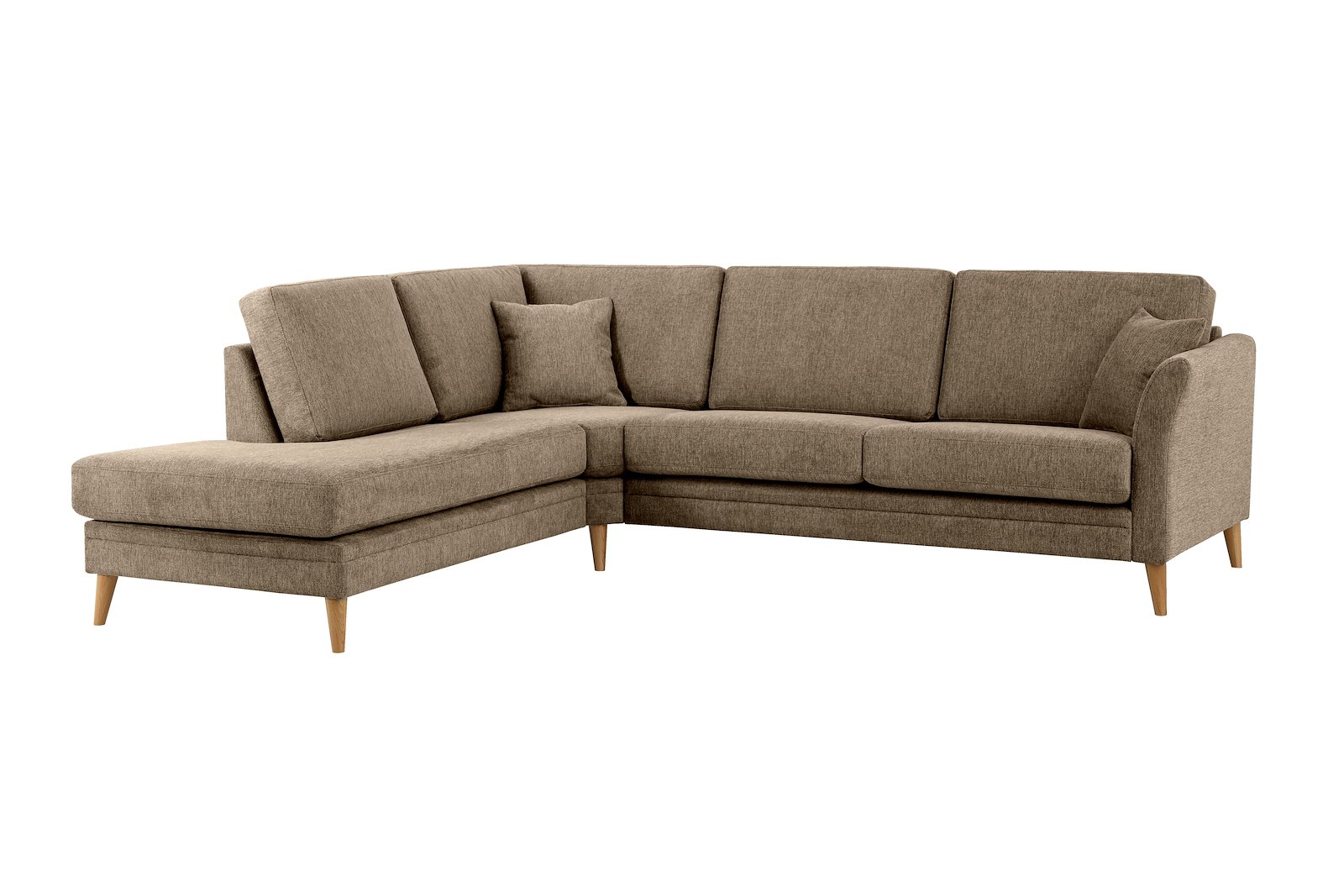 Eden hjørnesofa 2,5-seter med åpen ende venstre. Tekstil Brego 14 Latte med ben i eik natur (15137).