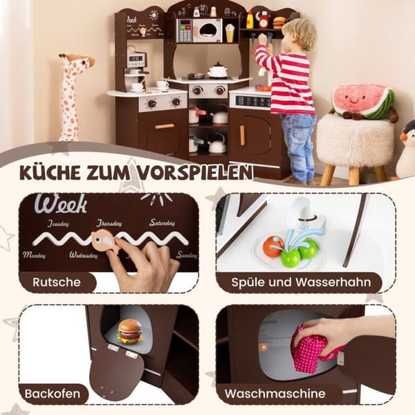 Hjørnelekekjøkken i tre med lyd & Lys & Kaffemaskin & Slide Toddler Kitchen Lekesett Brun