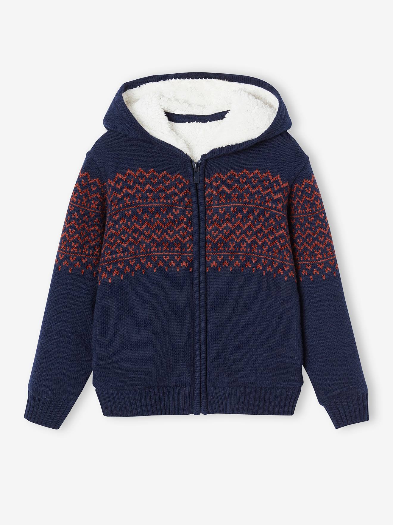Cardigã infantil azul-marinho com zíper, capuz e forro de sherpa.