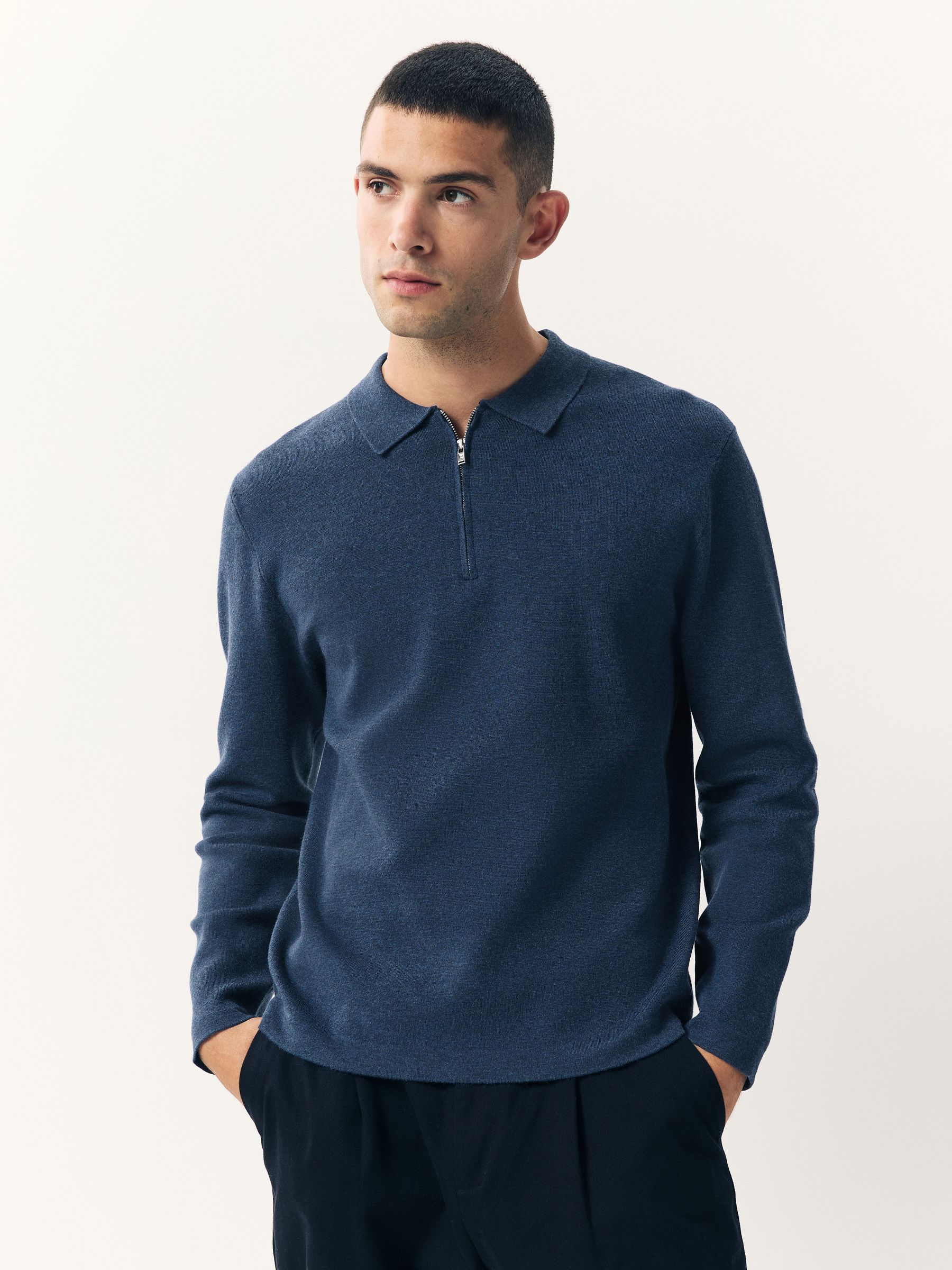 Blauw - Half met rits - Regular Fit Premium Mid Weight Long Sleeve Knit Polo Shirt