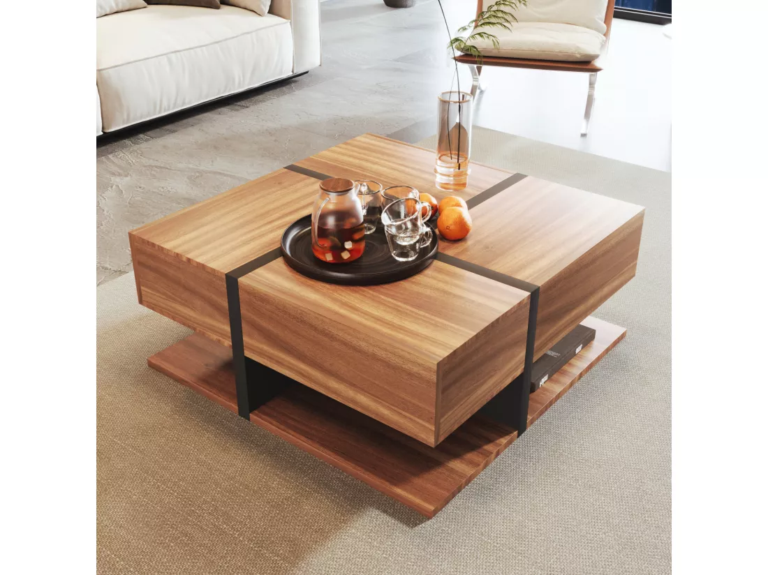 Table basse carrée haute brillance, avec 4 tiroirs, design uniques, espace de rangement en bas, 78x78x36cm naturel