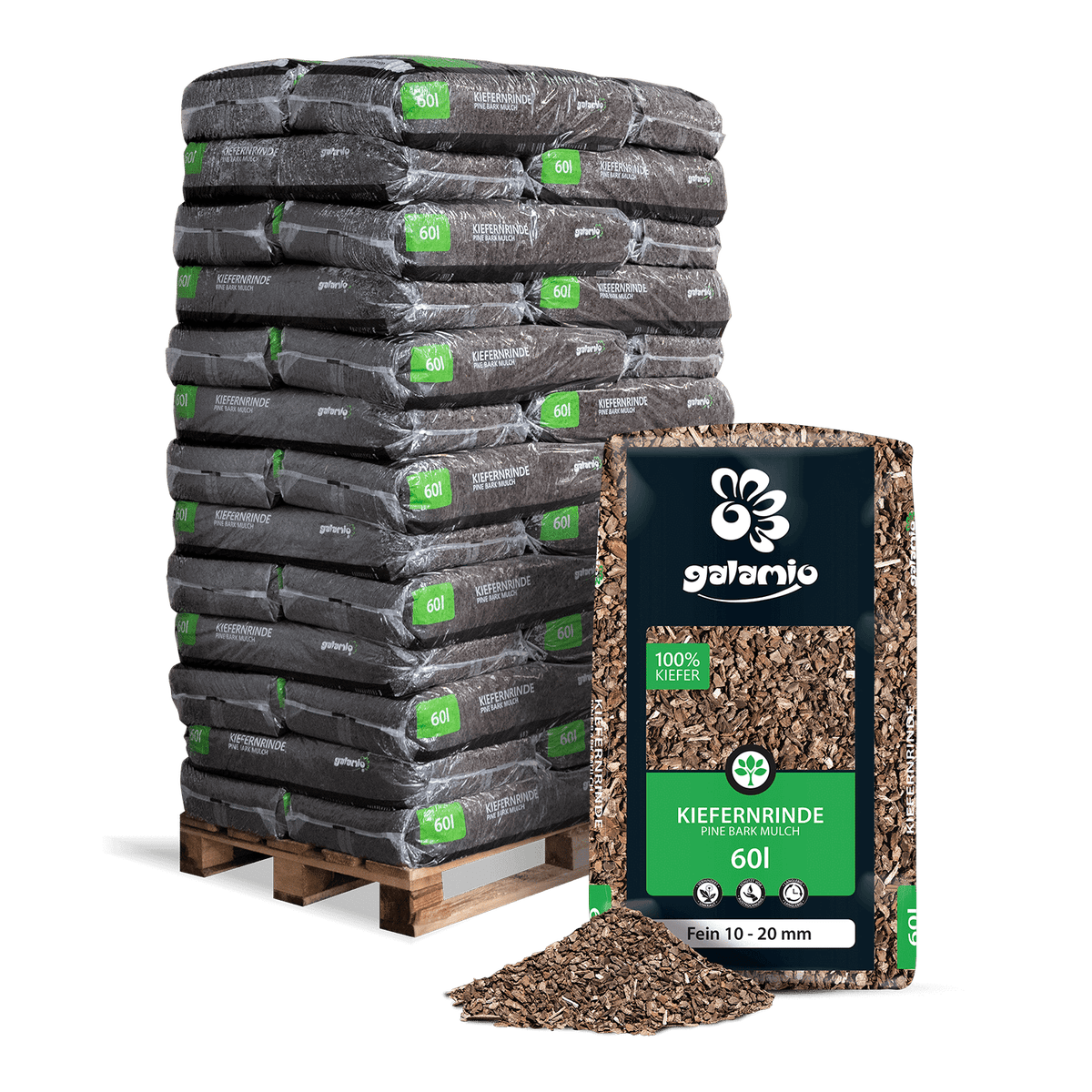 Galamio dennenschorsmulch, fijn, 60l x 39 zakken, 2340l pallet