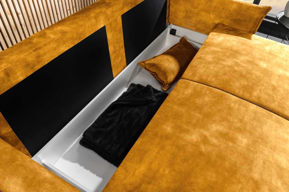 Design Schlafsofa APARTMENT 215cm senfgelb Samt 3-Sitzer Couch inkl. Bettkasten