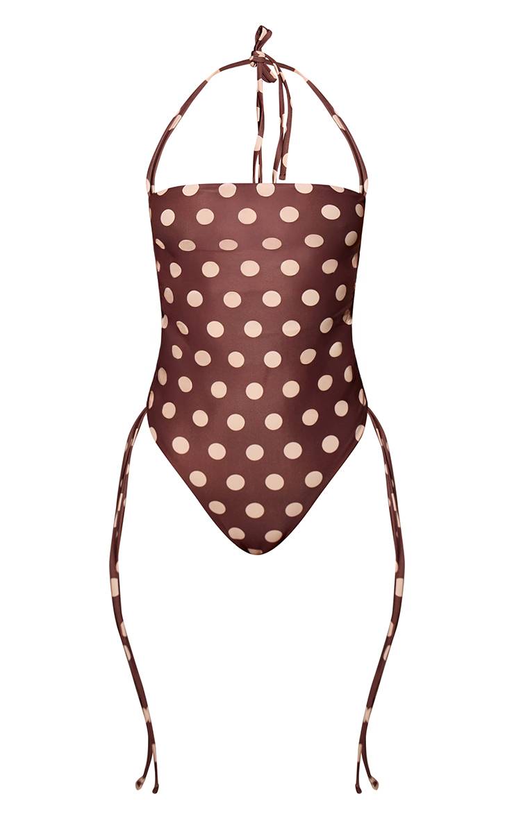 Chocolat Maillot De Bain Une Pièce À Col Licou Avec Fronces Latérales Et Imprimé À Pois