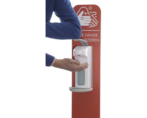 Hygiënestation desinfectiestandaard van hout, rood, 140 cm, inclusief 1 l desinfectiemiddeldispenser