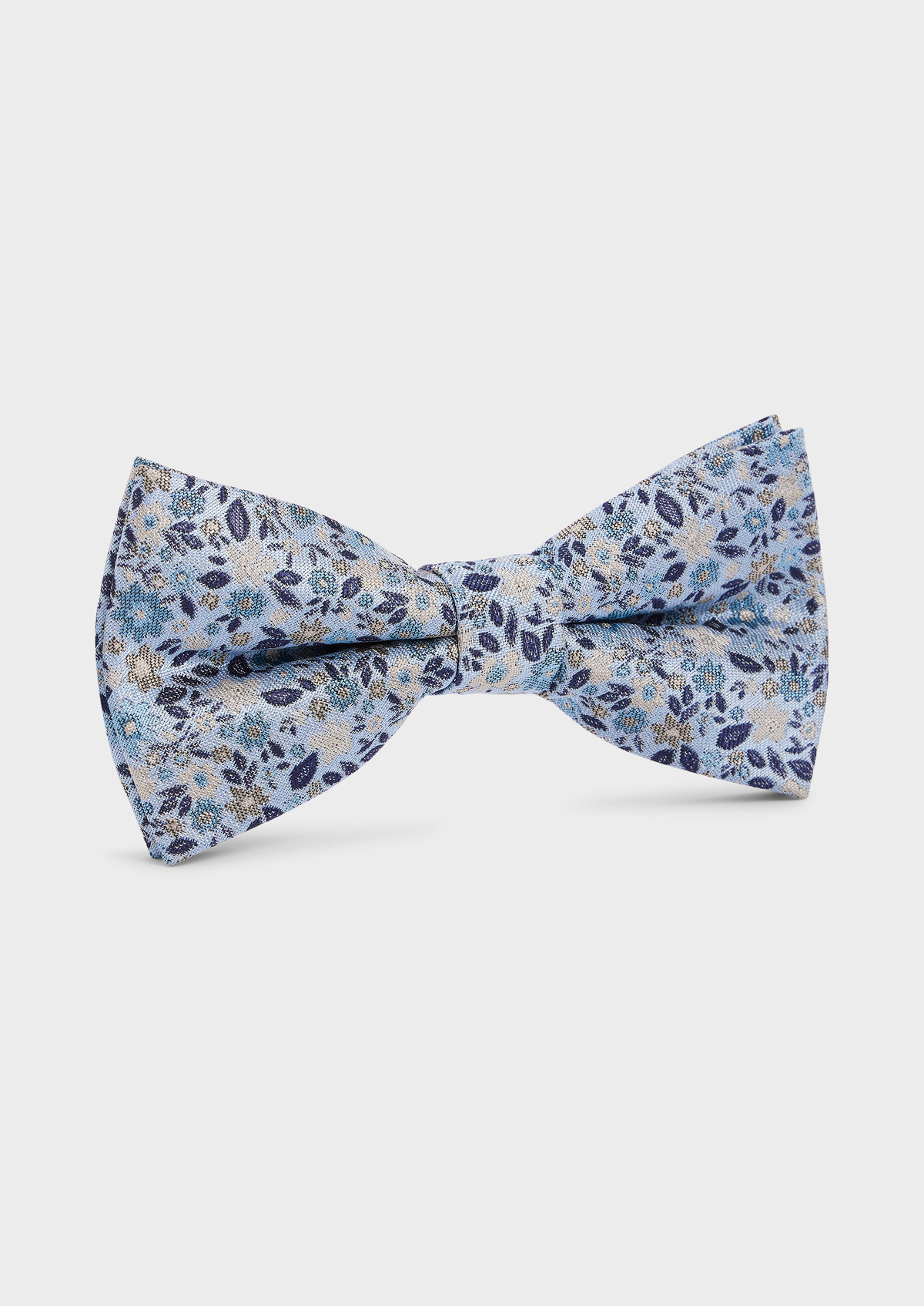 Noeud papillon en soie mélangée bleu ciel à motif fleuri bleu et marron