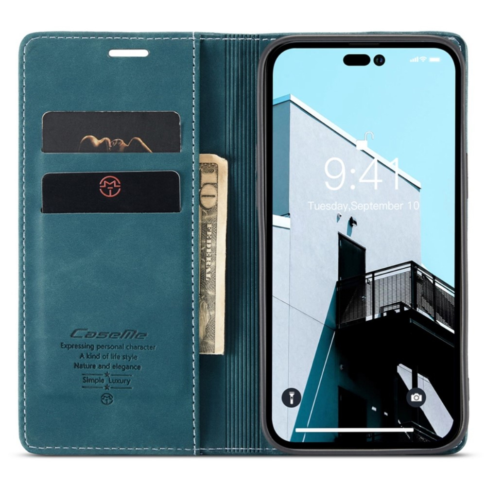 iPhone 14 Pro Leder Tasche Flip Wallet Etui mit Kartenfächern - Blaugrün