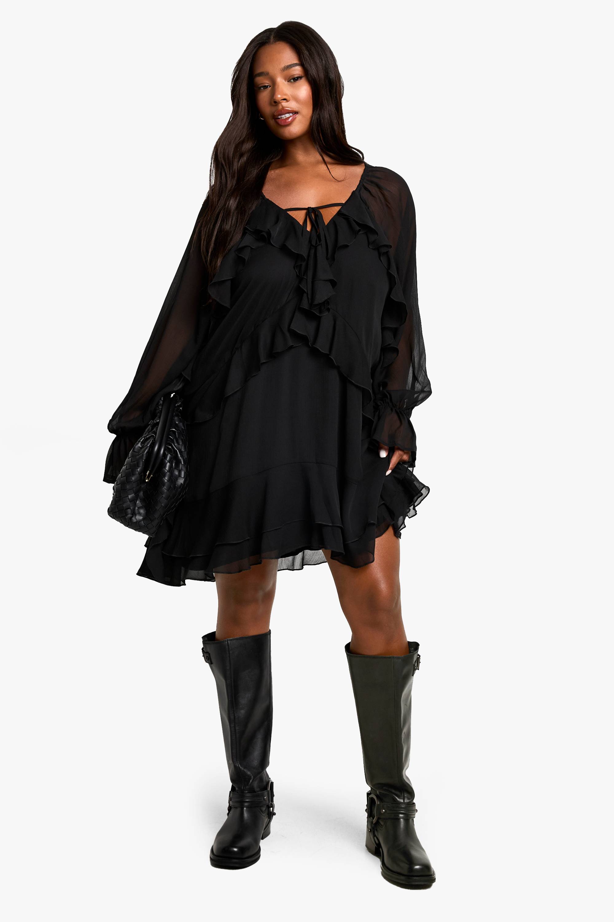 boohoo Plus Chiffon Ruffle Smock Dress