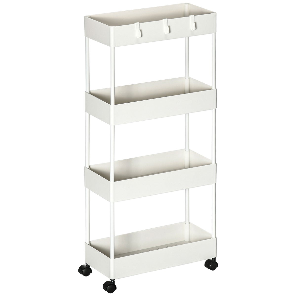 HOMCOM Rolwagen, Keukenwagen met 4 Laden, Opbergplank op Wielen, Serveerwagen met Remmen, Keukenplank voor Slaapkamer, Keuken, Woonkamer, Kunststof, Wit, 40 x 19 x 90 cm