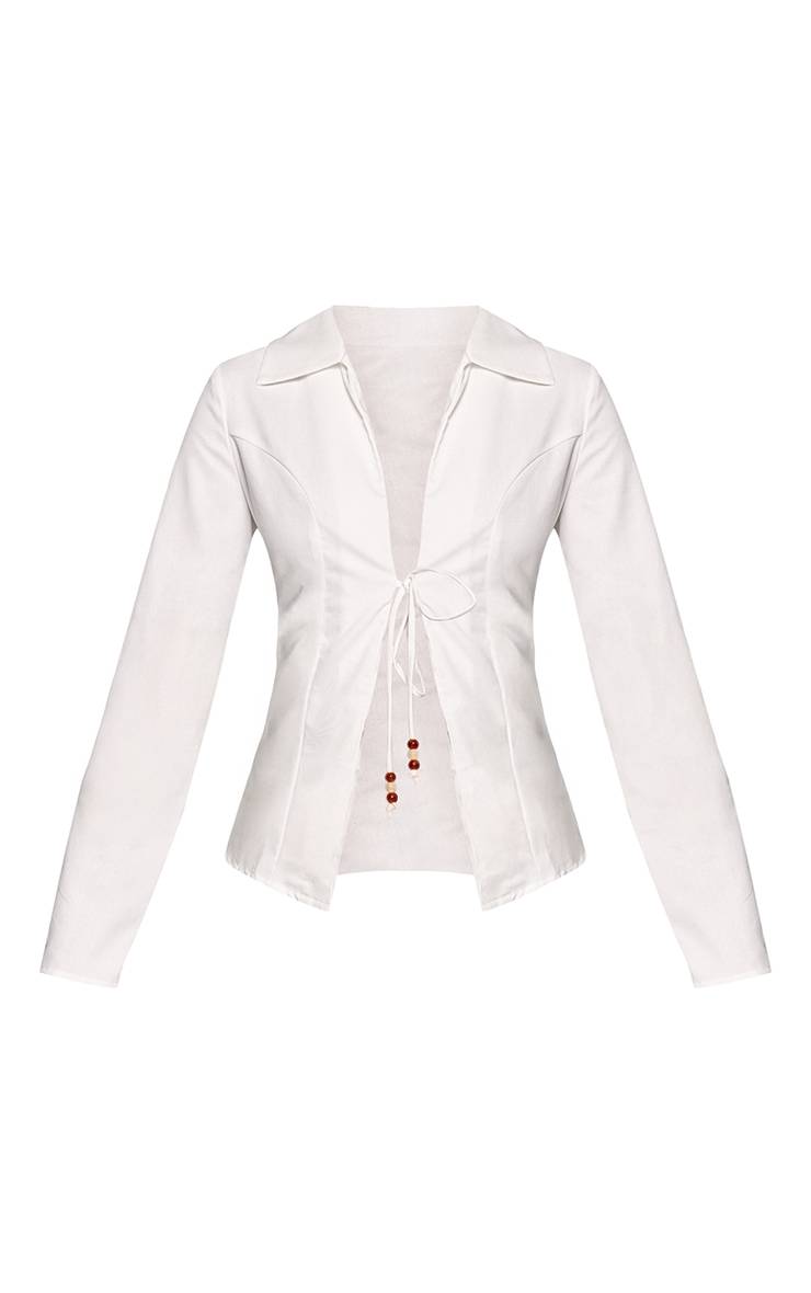 Blanc Chemise Aspect Lin Détail Perles Avec Lien À Nouer