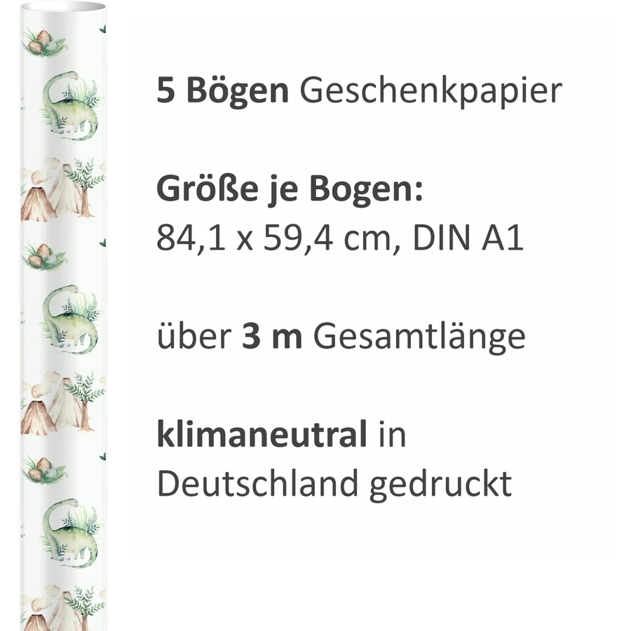 Nikima Geschenkpapier 5 Bögen Dinosaurier pastell  – 1,60€qm Größe: - 84,1 x 59,4 cm bunt
