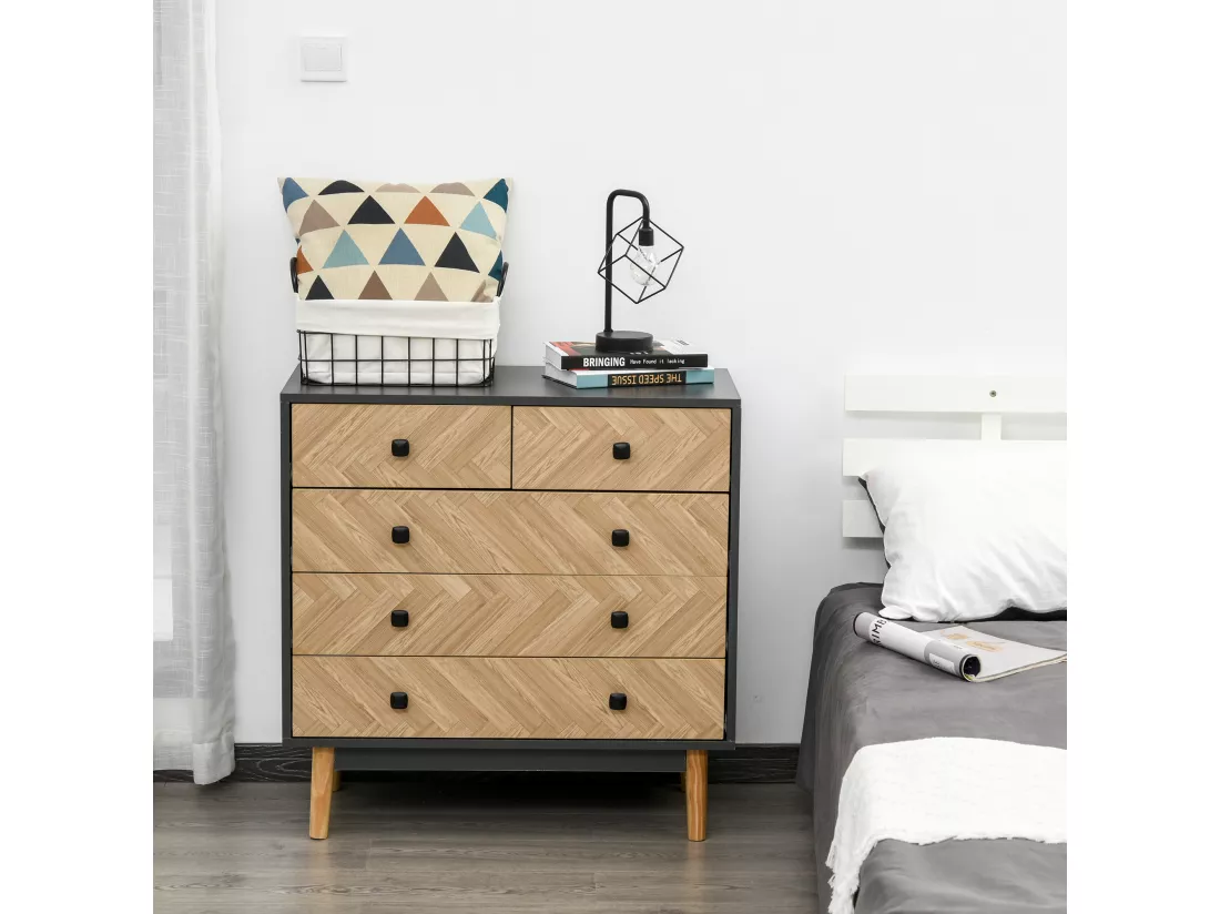 Commode 5 tiroirs design scandinave graphique dim. 80L x 40l x 80H cm panneaux de particules gris foncé chêne clair