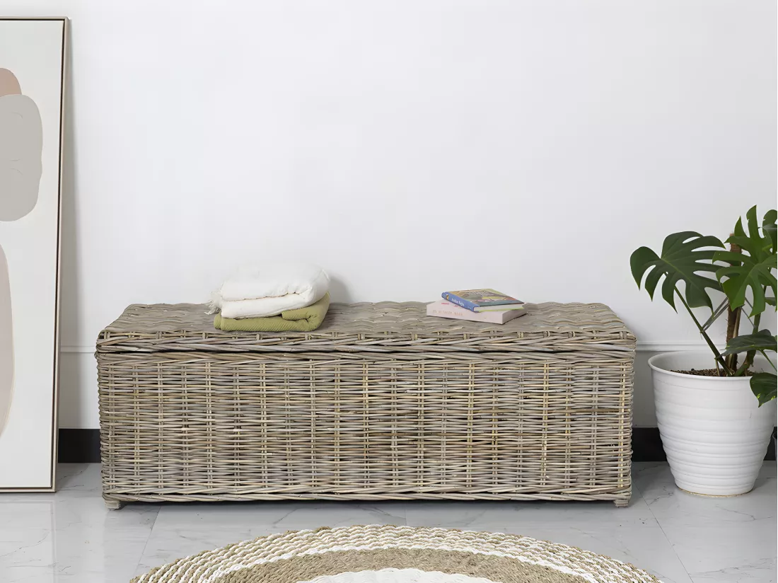 Coffre de rangement en kubu - L130 x P45 x H44 cm - Gris naturel - GAO