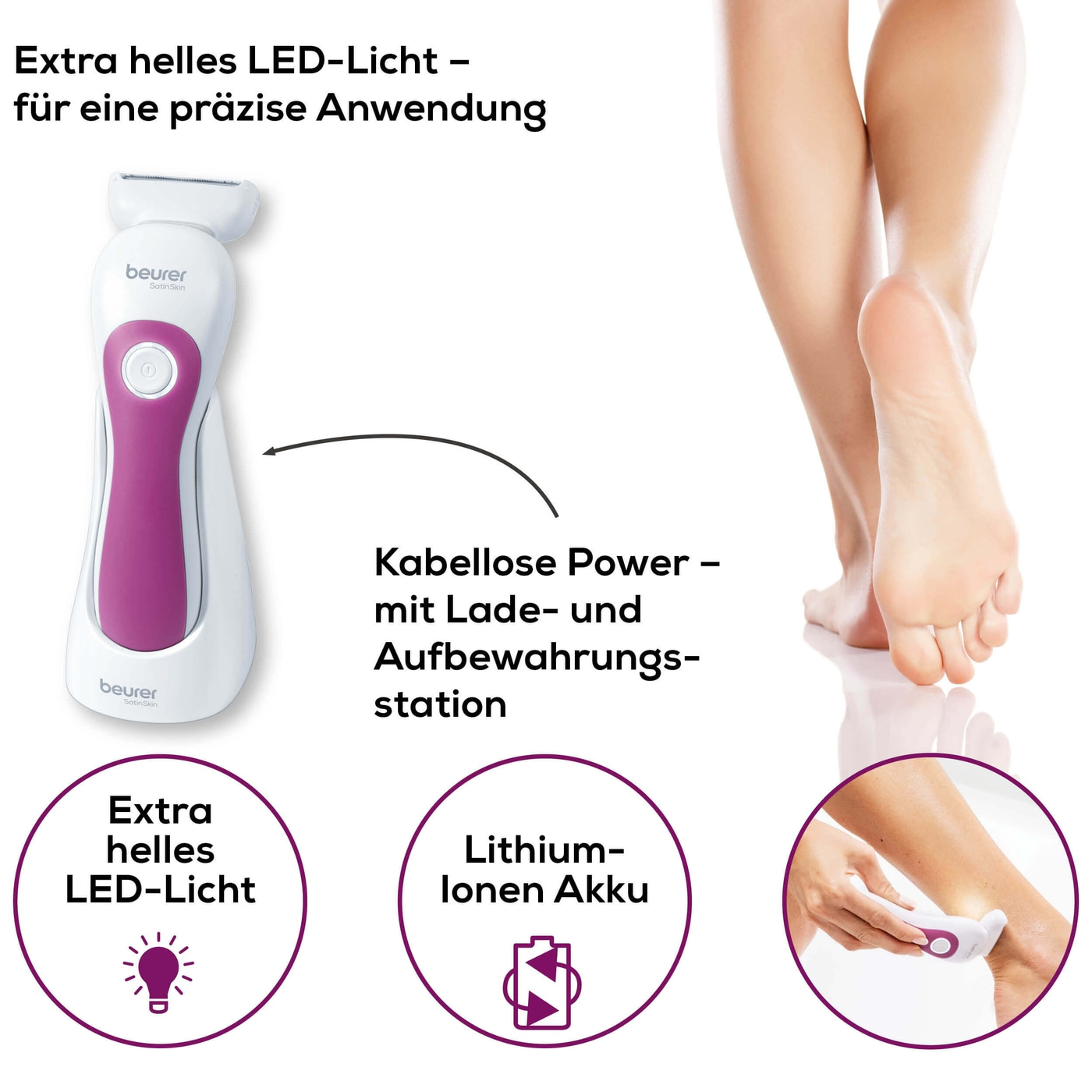 HL 36 Elektrischer Damen Rasierer Wet & Dry mit Ladestation / Peeling- / Gleit- / Trimmaufsätzen (57613) - Weiss / Lila