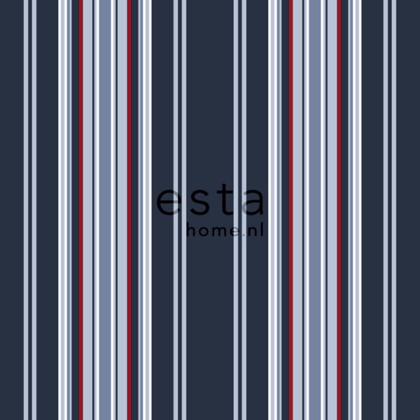 Estahome Strepen Behang III - 0,53 x 10,05 m - Marine Blauw / Rood