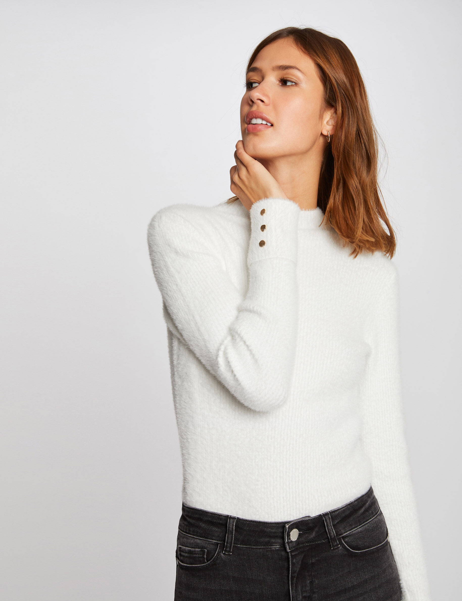 Pull manches longues maille duveteuse ecru femme - ecru