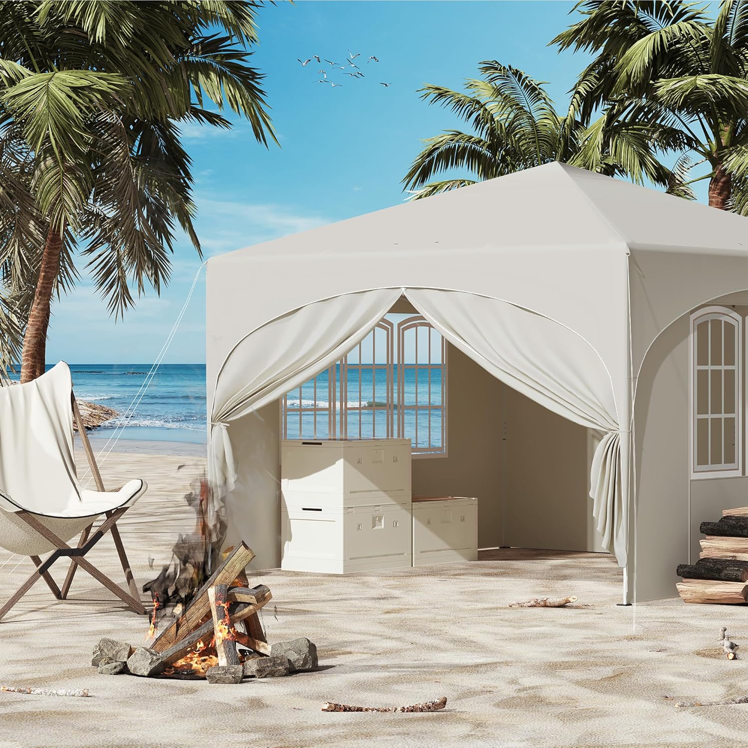 Laneetal Pop-Up Faltpavillon wasserfest Winterfest, Pavillon 3x3 m faltbar, Grillpavillon stabil, Gartenpavillon mit Seitenwänden Fenstern Tasche, für Camping Strand Garten, Beige