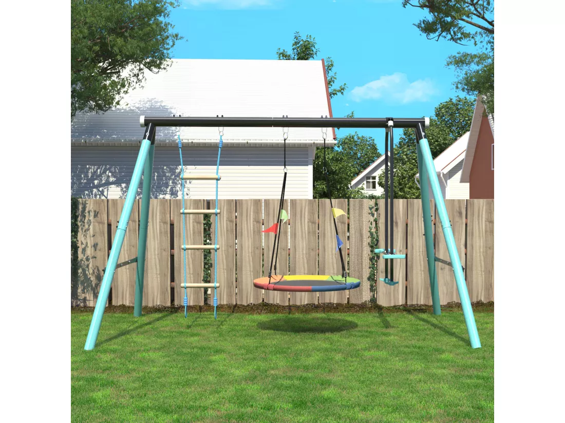 3 en 1 portique de balançoire avec Nid d'Oiseau, échelle d'escalade & filet d'escalade pour enfants de 3 à 8 ans, Bleu
