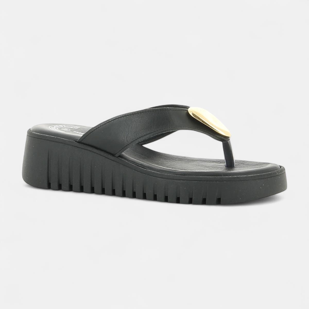 Entre-doigts à talon compensé Femme en cuir noir