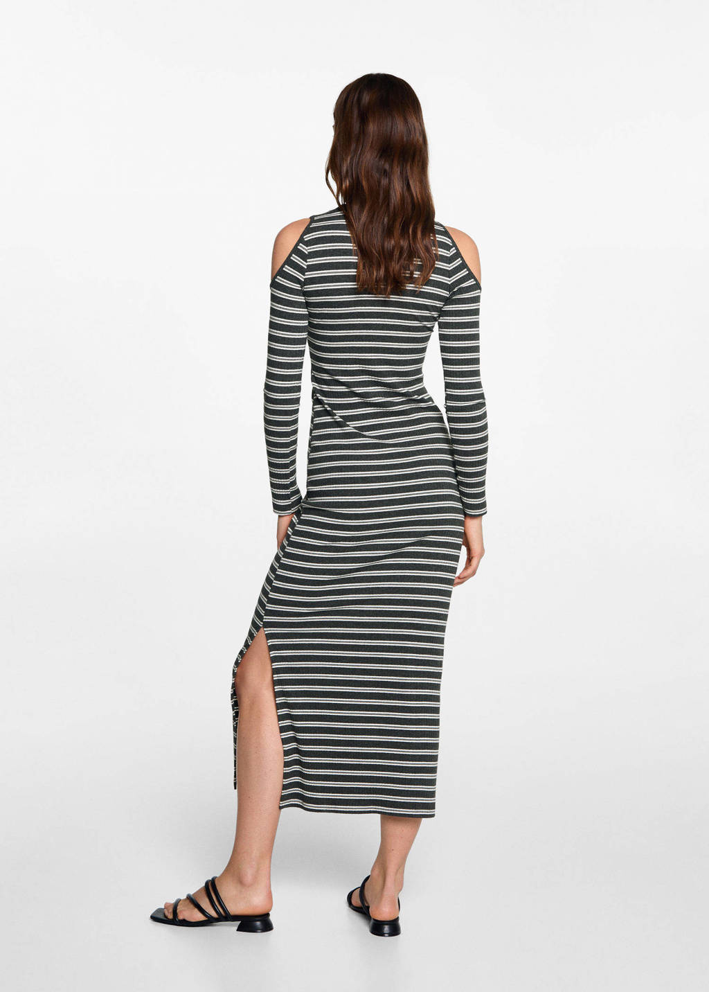 MANGO TEEN gestreepte open shoulder bodycon jurk donkergrijs/wit