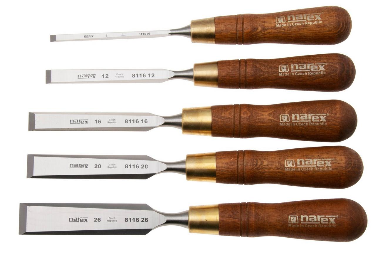 Narex Wood Line Plus Premium Bevel Edge Chisel Set 863821, beitelset 6-12-16-20-26 mm in gereedschapsrol, 5-delig
