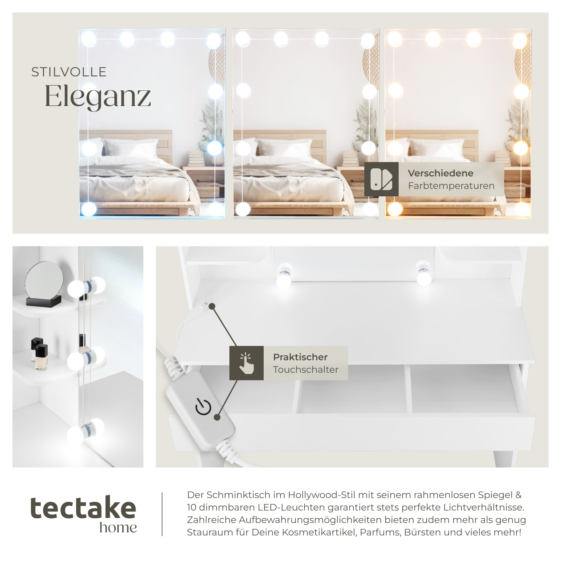 tectake® Schminktisch, mit Hollywood Spiegel, 4 offene Ablagen, Schublade mit 3 Fächern, 100 x 40 x 140,5