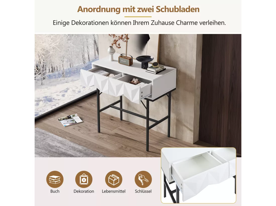 Table console moderne avec 2 tiroirs - 80 x 40 x 80 cm - MDF - pour salon, couloir - blanc + noir