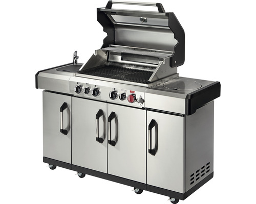 Enders Kansas II Pro 4 SIK Profi Turbo gasbarbecue, 153 x 64 x 118 cm, 4 branders + achterbrander + zijbrander, zilverkleurig, inclusief dekselthermometer, vetopvangbak, grillrooster, krachtige verwarmingszone, warmhoudrek, zijplateau.